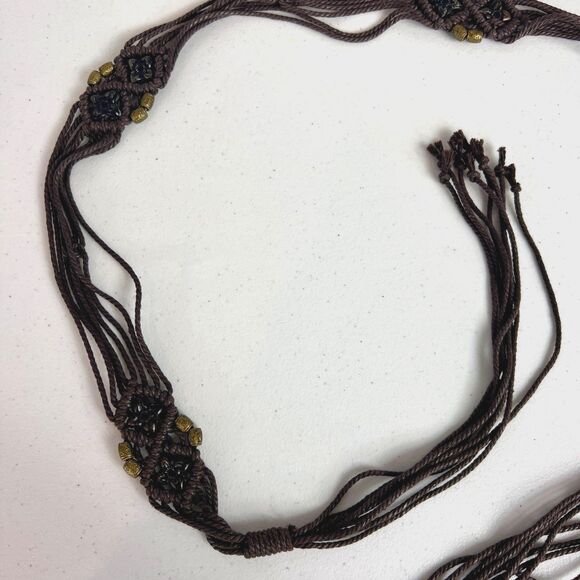 Brown Woven Boho Tie Belt Flower Beads Women's Size S / M (See Measurements) - Picture 2 of 8
